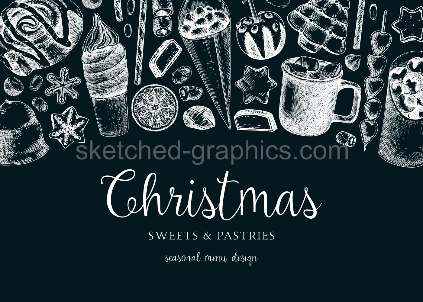 Christmas food background. Christmas market design template. Hand-drawn vector illustration. Hot drinks, candies, cookies, pastries sketches. Winter holiday menu banner on chalkboard Illustration